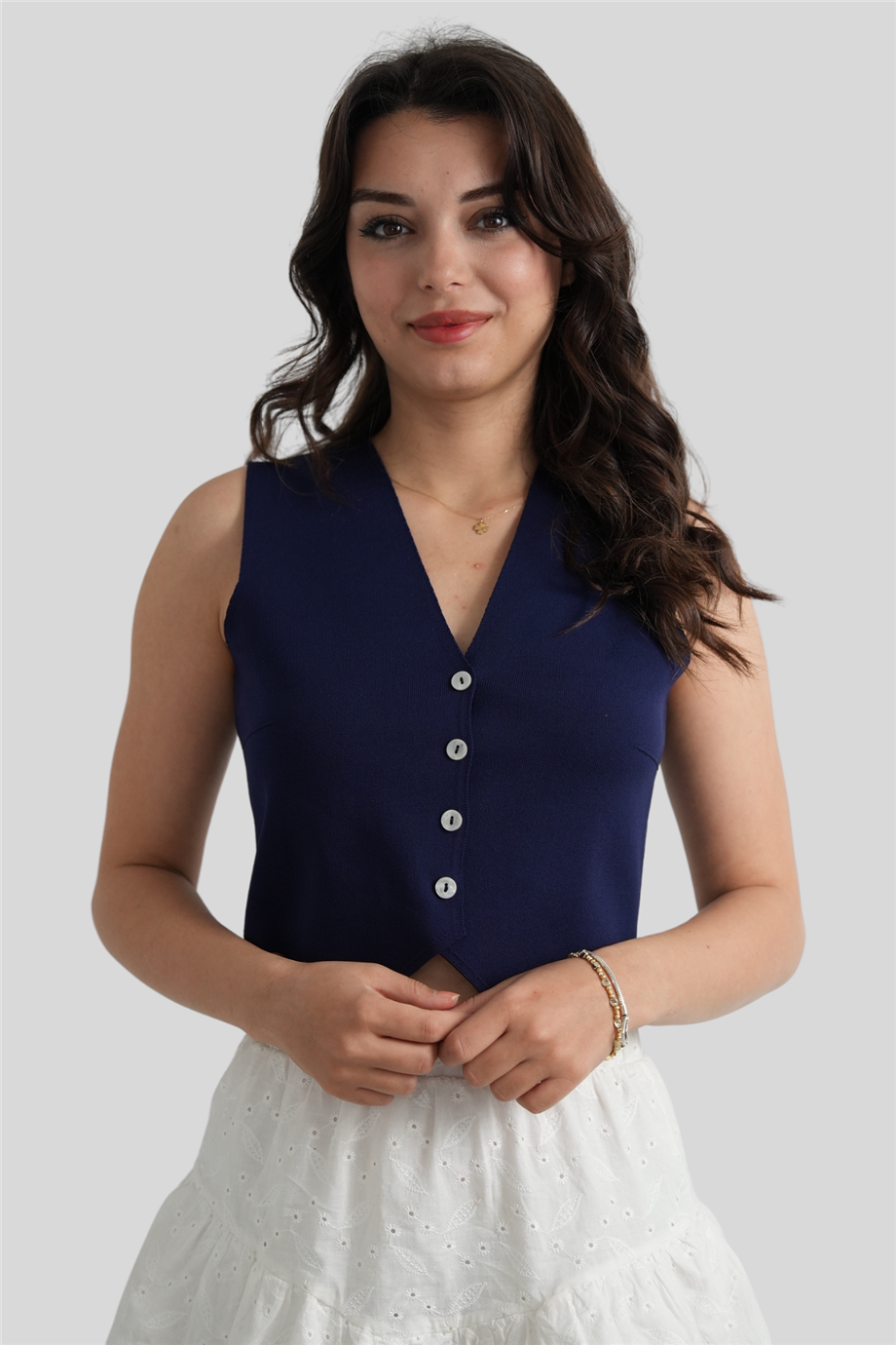 Lacivert V Yaka Düğme Detaylı Örme Triko Bluz