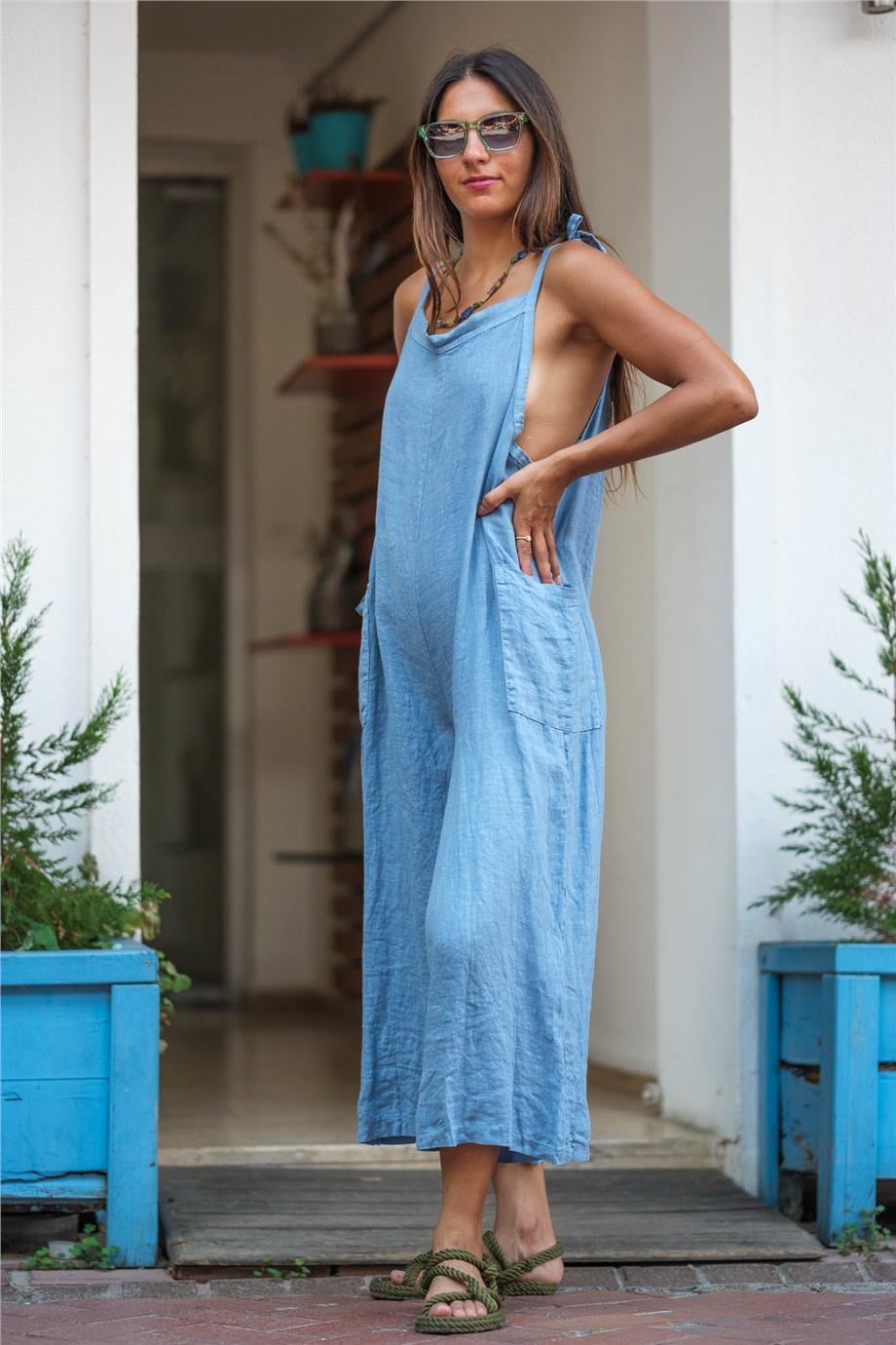 Mavi Askılı Cep Detaylı Tulum