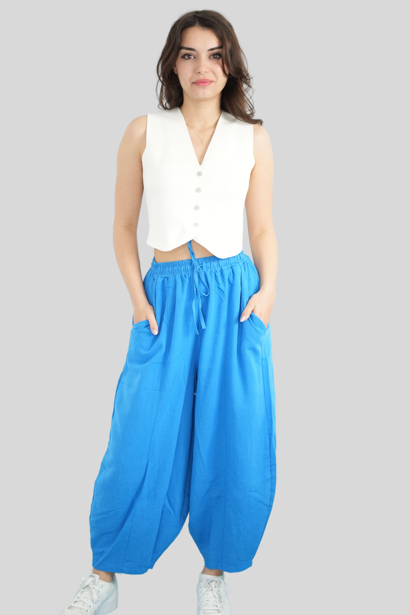 Mavi Beli Lastikli Salaş Pantolon