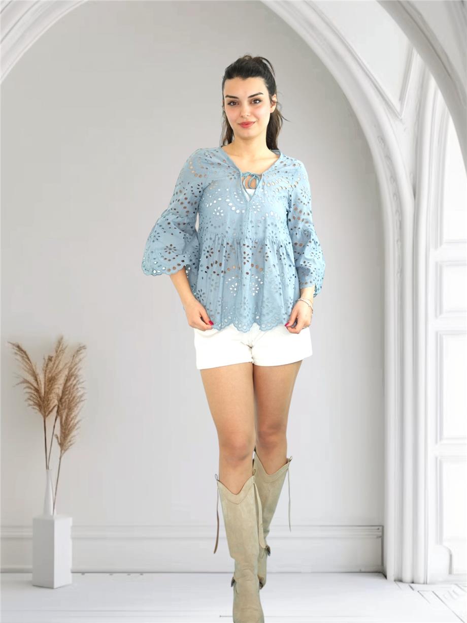 Mavi Brode Detaylı Bluz