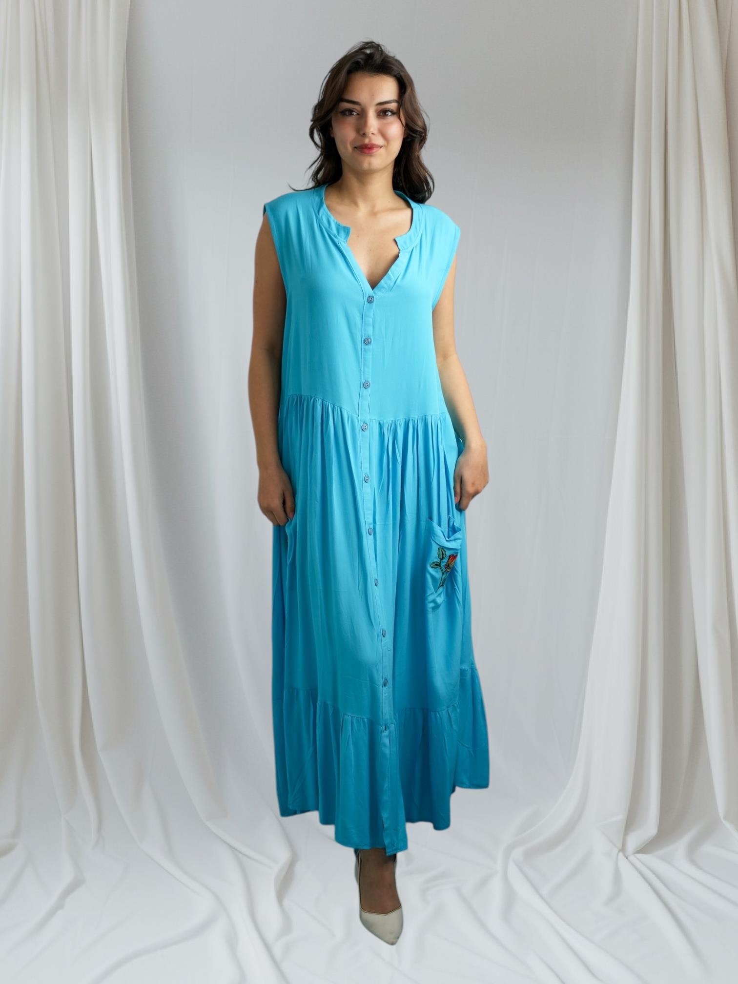 Mavi Çiçek Nakışlı Elbise