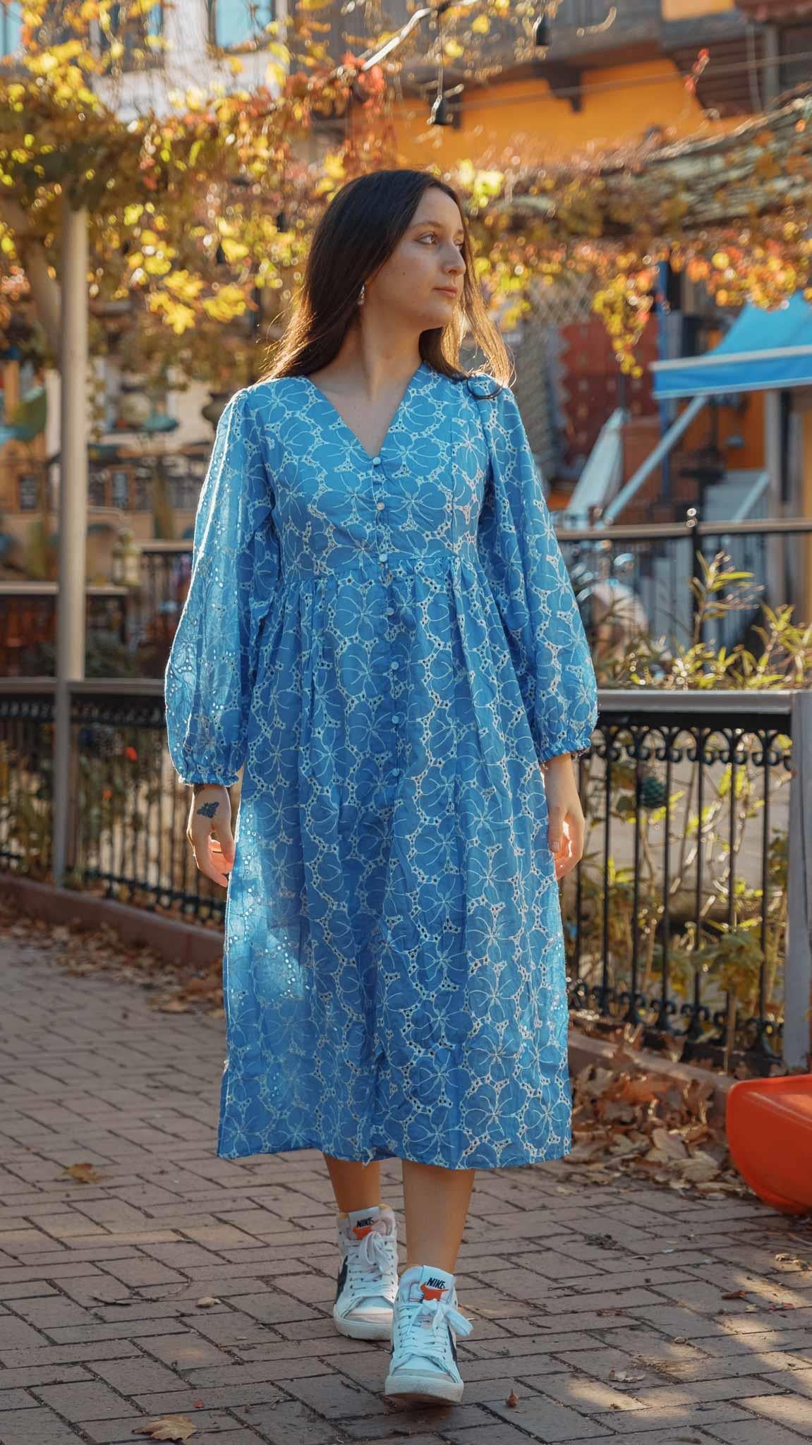 Blue Lace Dress with Embroidered Branches