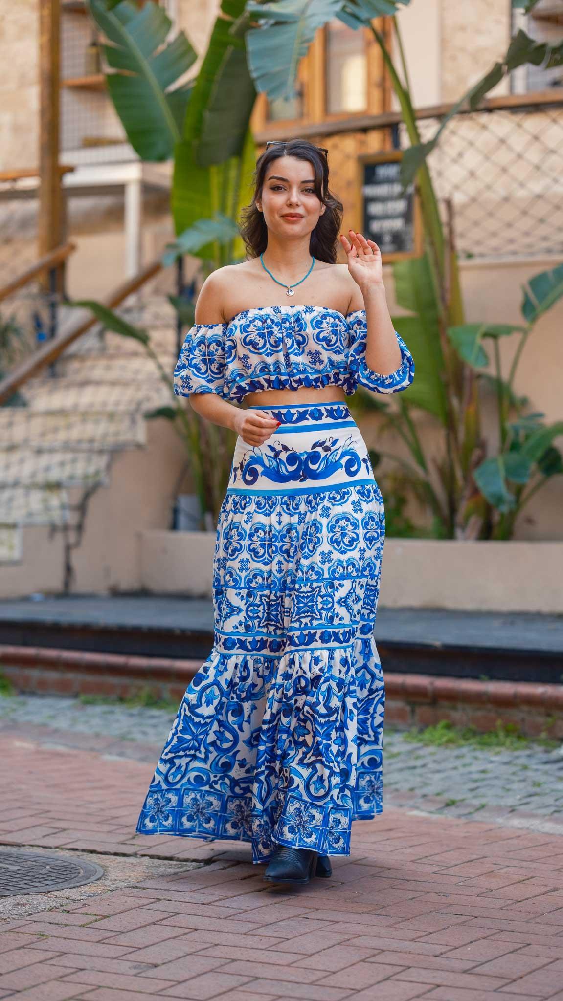 Blue Patterned Skirt Crop Set
