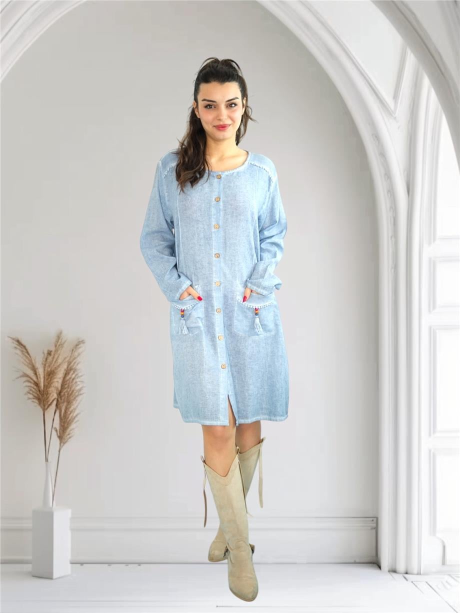 Blue Buttoned Pocket Detail Long Sleeved Tunic Dress