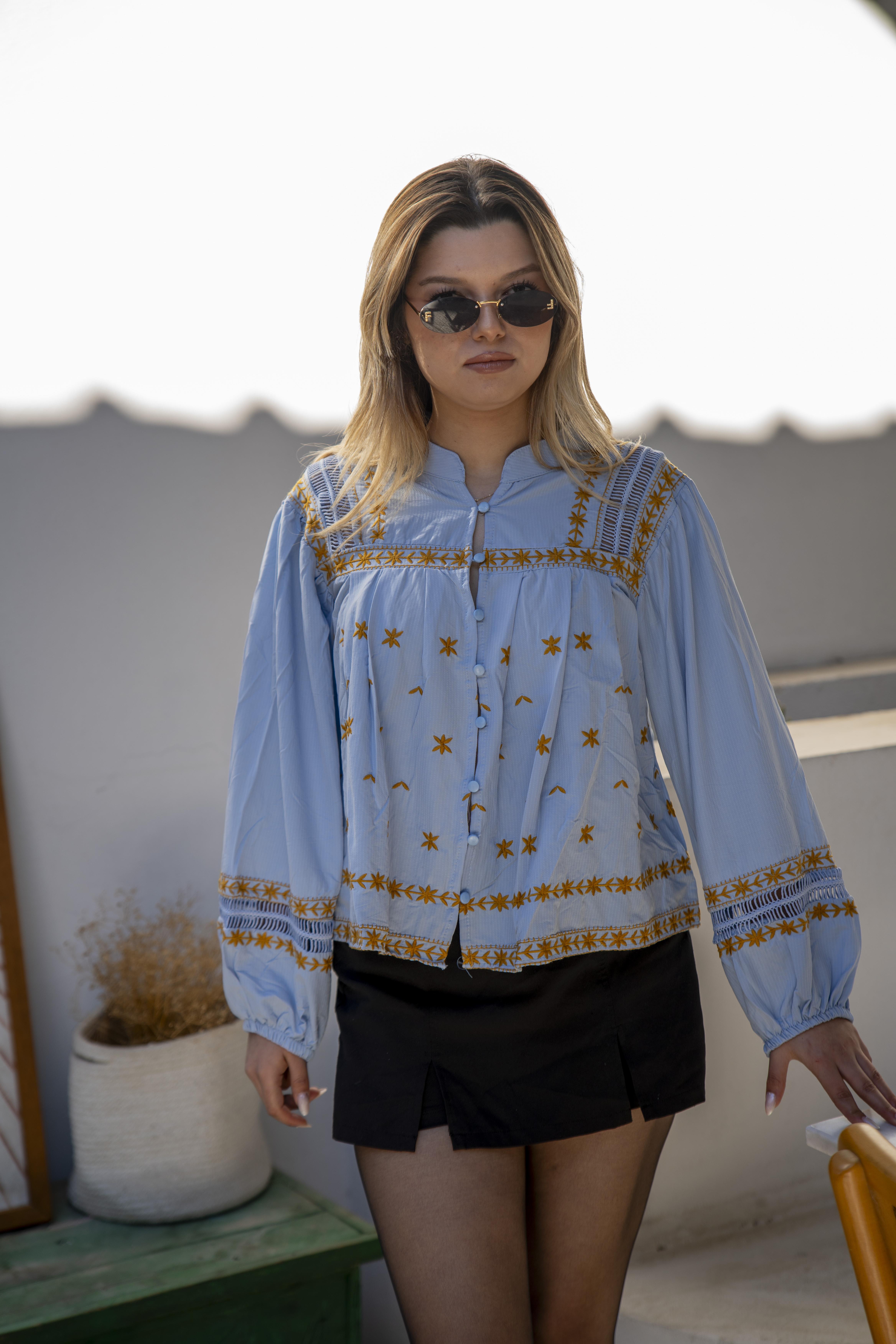 Blue Shirt with Gold Floral Embroidery Detail