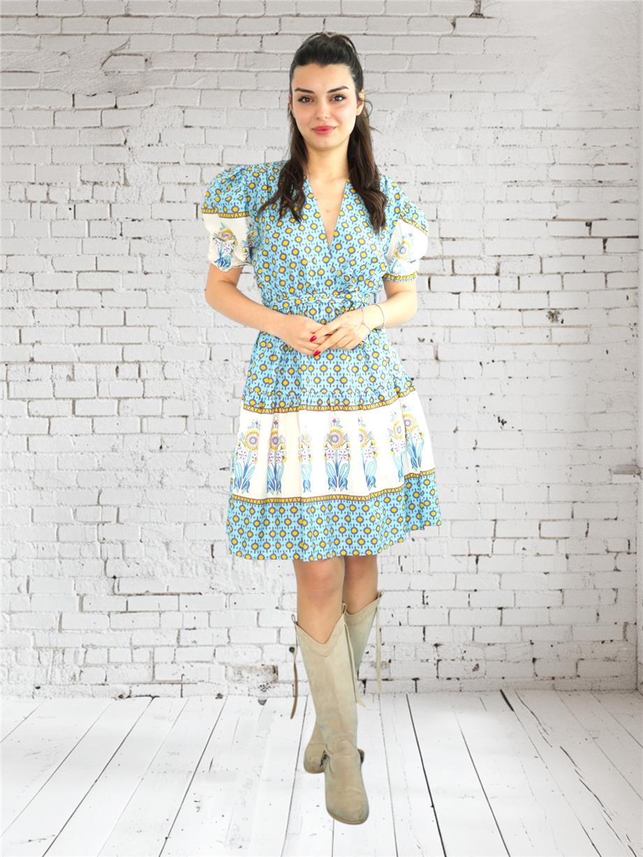 Blue Daisy Patterned Short Dress