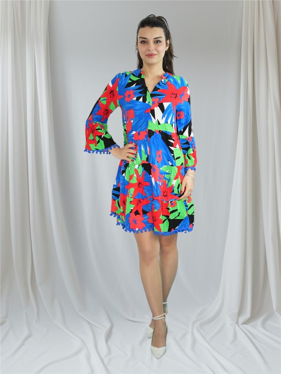 Blue Short Dress with Pom-Poms