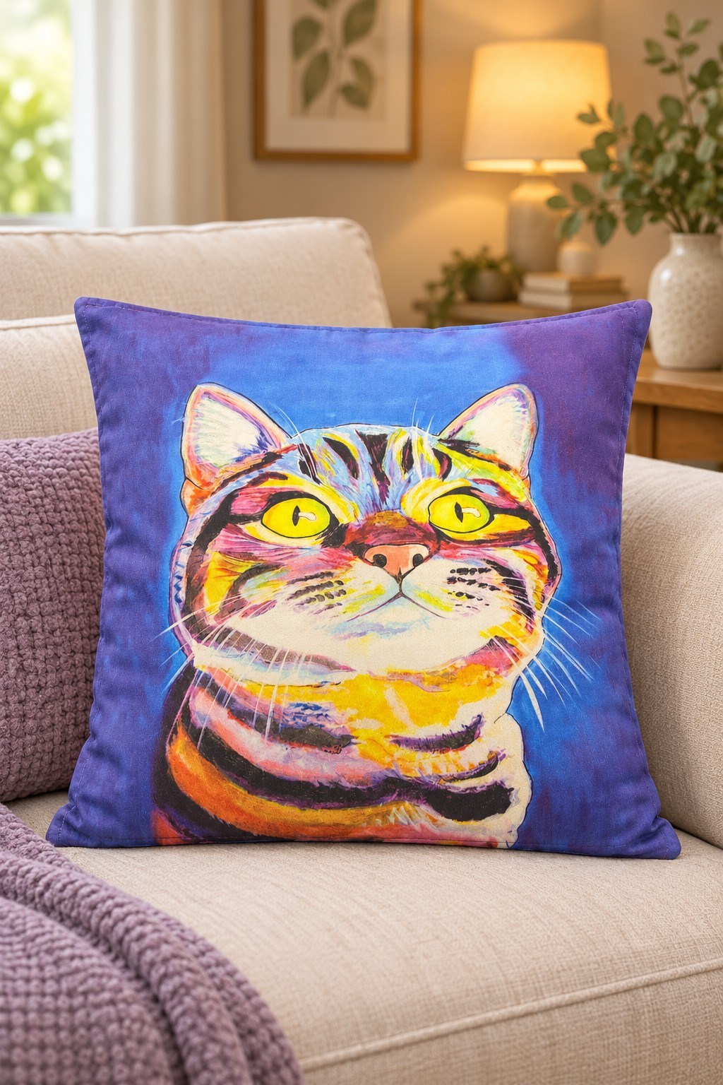 Mavi Renk Akiko Kedi Portreli Dekoratif Yastık Kılıfı