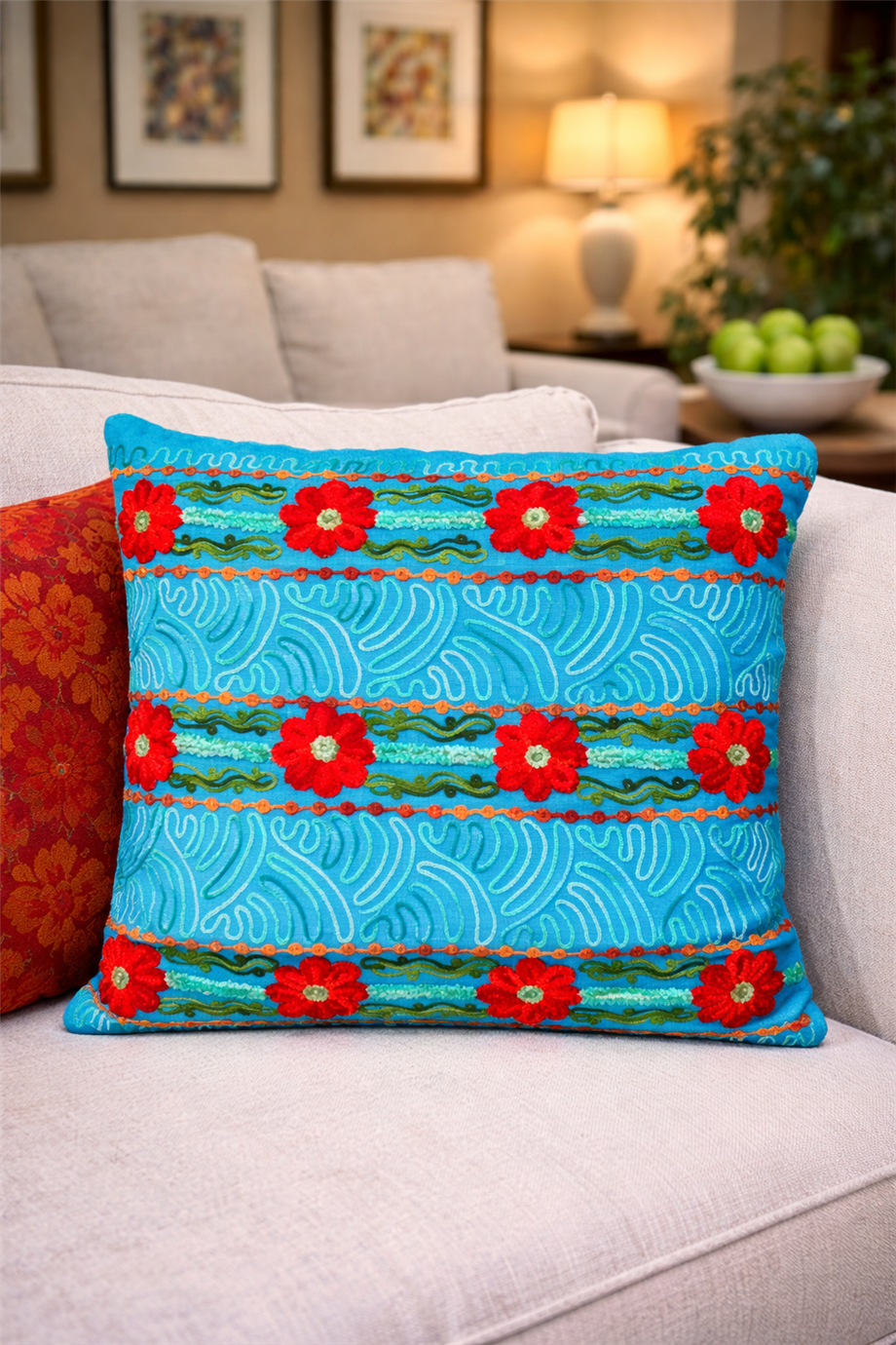 Mavi Renk Boho Coast Nakışlı Bohem Yastık Kılıfı 40cmX40cm