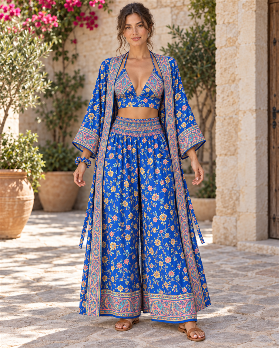 Mavi Renk Cep Detaylı İpek Pantolon Crop Kimono Üçlü Takım
