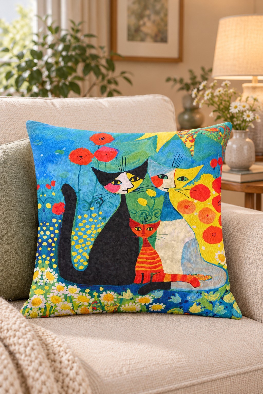 Mavi Renk Çiçekler İçinde Kedi Ailesi Dekoratif Yastık Kılıfı