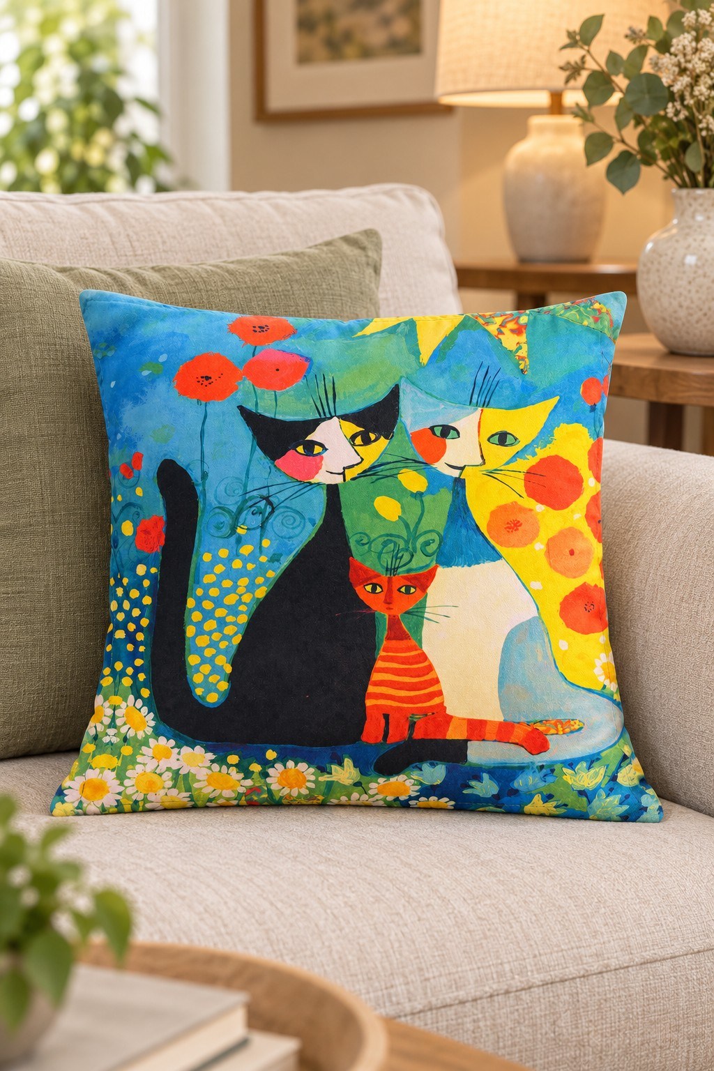 Mavi Renk Çiçekler İçinde Kedi Ailesi Portreli Dekoratif Yastık Kılıfı