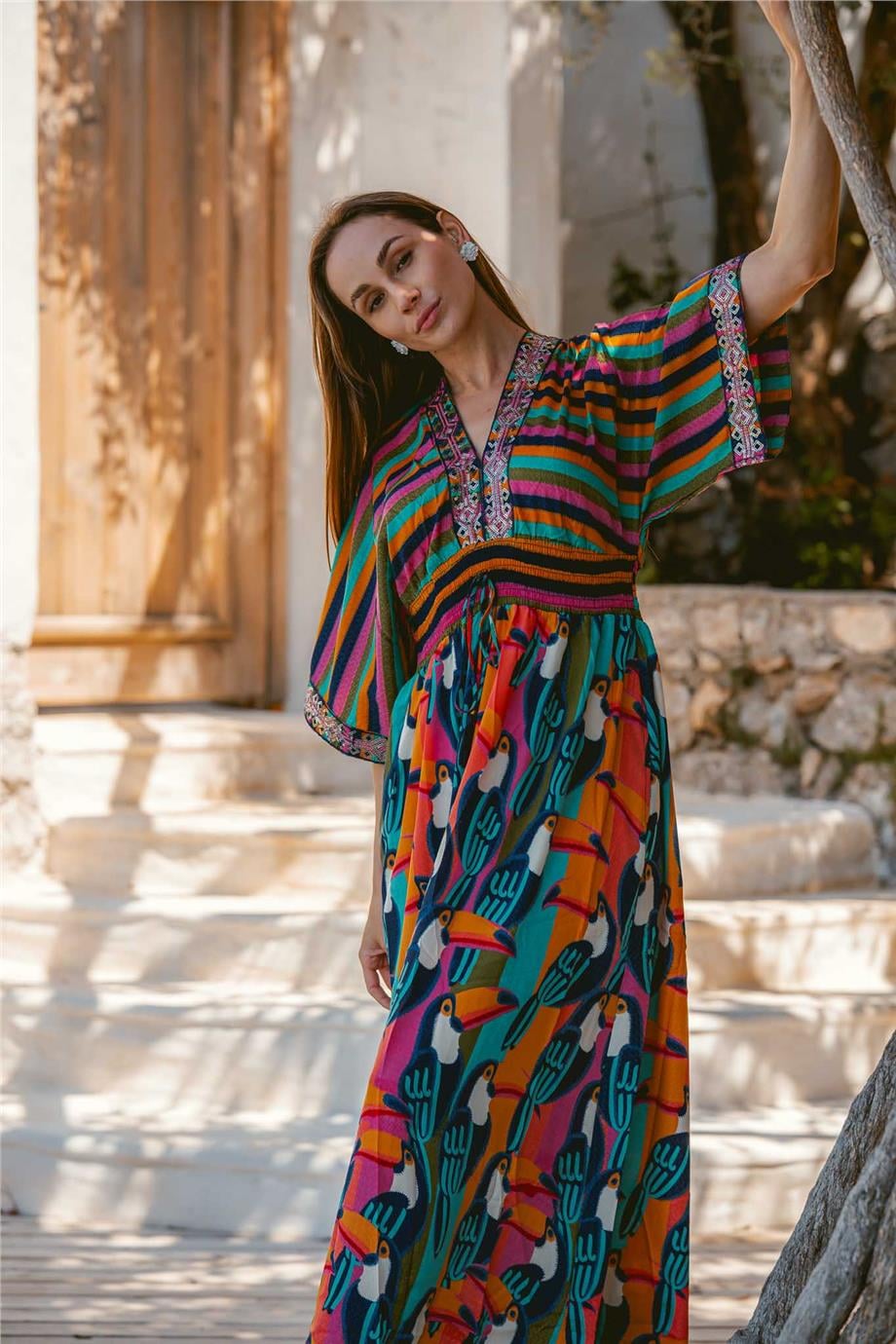 Blue Long Bohemian Dress with Embroidered Chest, Back and Sleeves