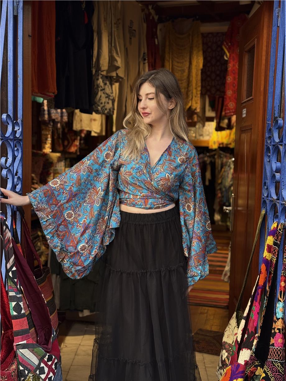 Mavi Renk İspanyol Kol Çiçek Desenli İpek Bluz