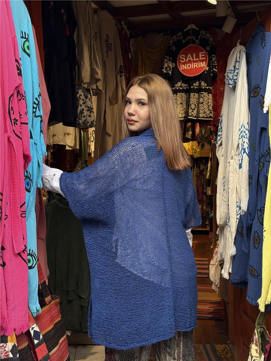 Mavi Renk Kapüşonlu Merserize Hırka 