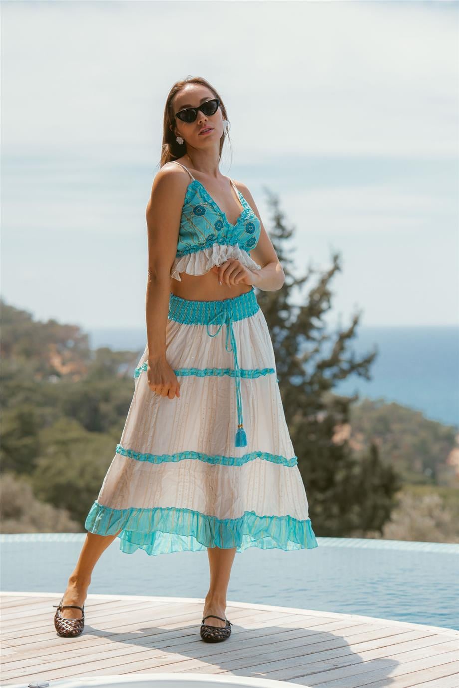 Blue Daisy Embroidered Skirt Crop Suit