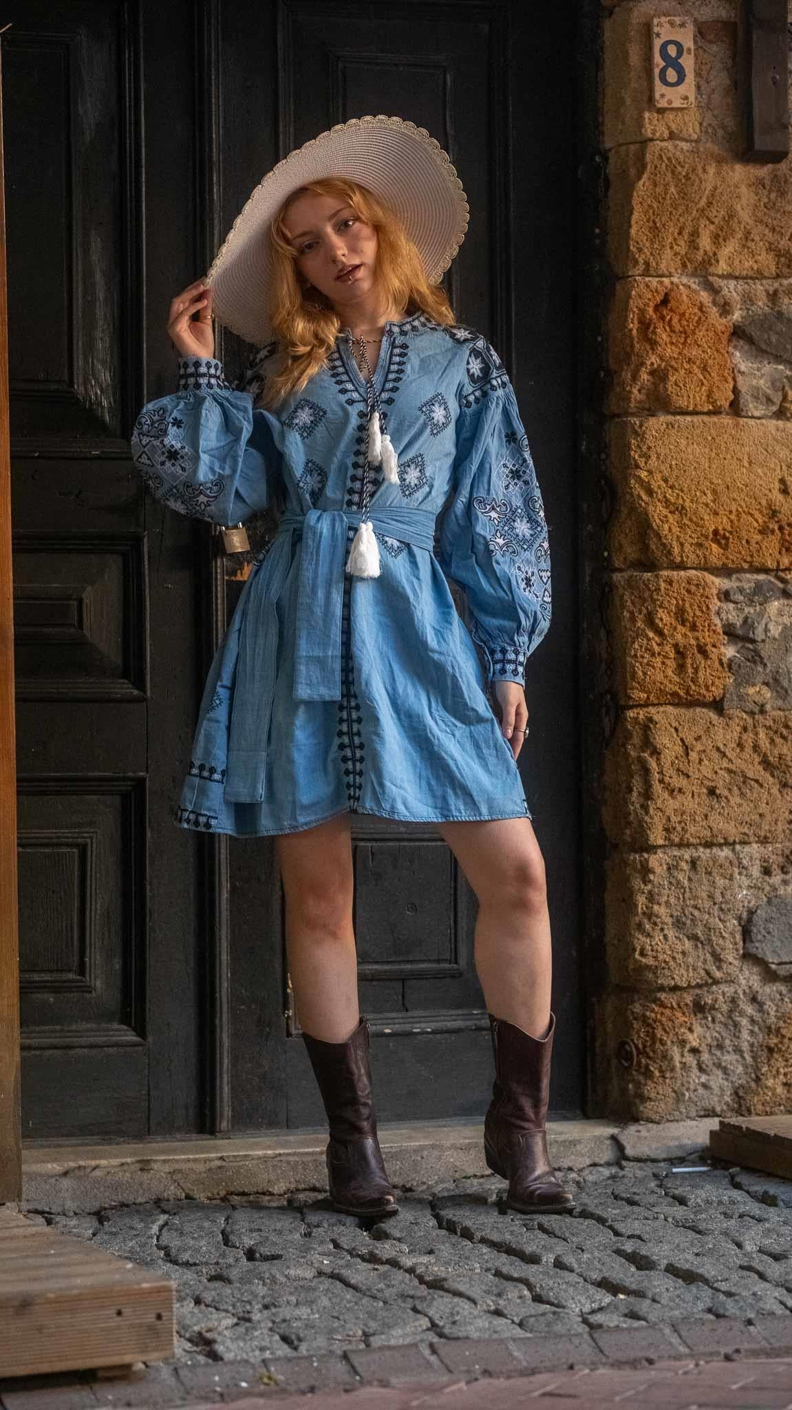Blue Round Neck Balloon Sleeve Tie Belt Embroidered Denim Dress