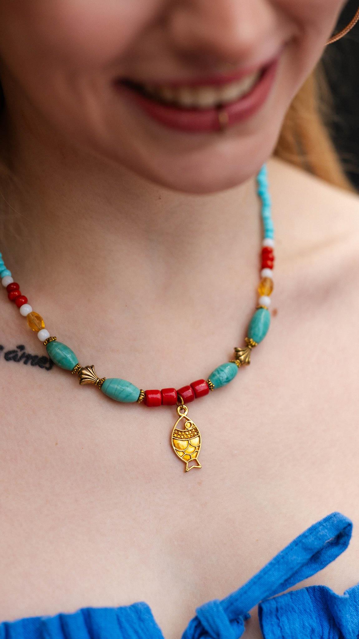 Ethnic Necklace with Coral and Turquoise Natural Stones