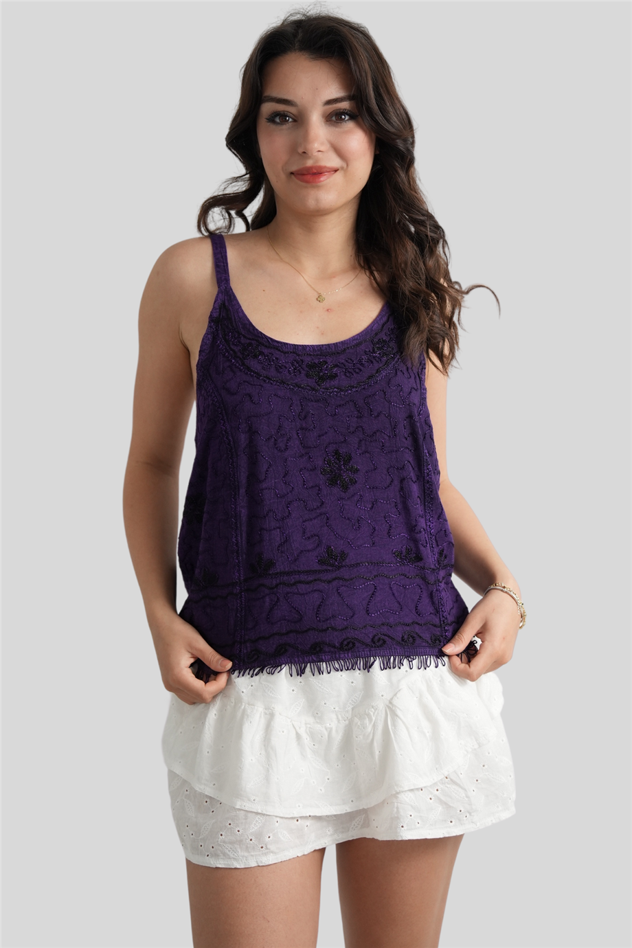 Mor Hint Nakışlı Bohem Askılı Bluz