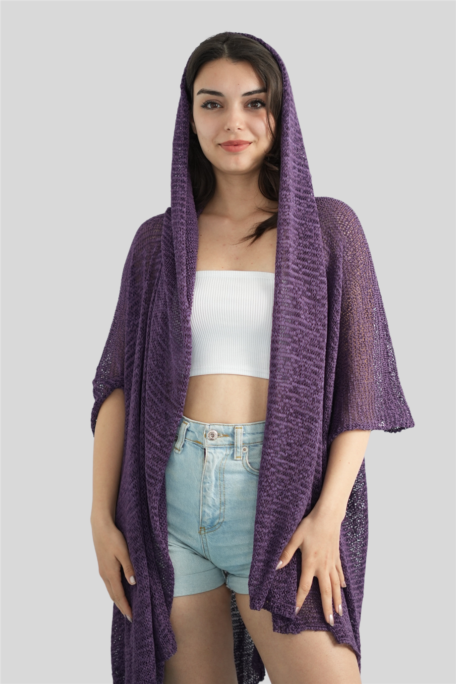 Mor Kapüşonlu Merserize Hırka