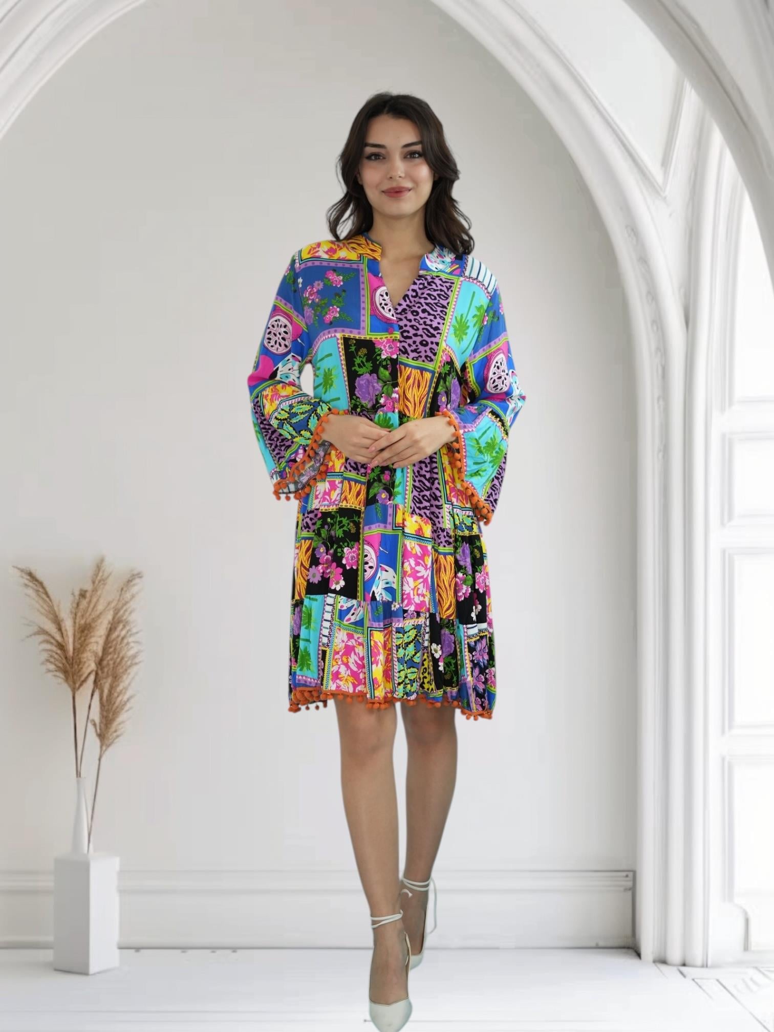 Mor Ponponlu Kısa Elbise