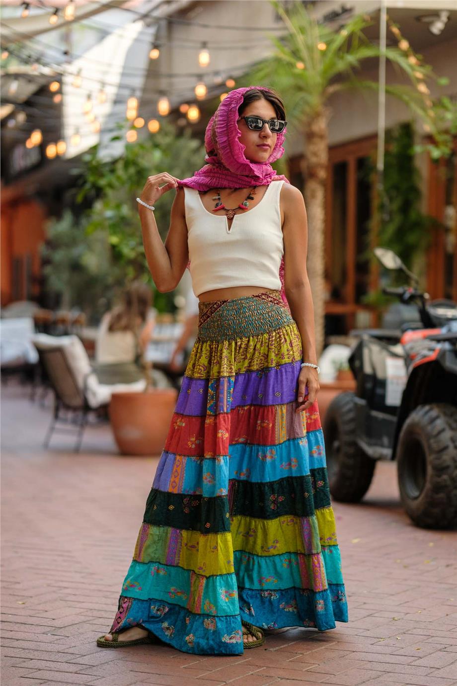 Mor Renk Bohem Patchwork İpek Etek