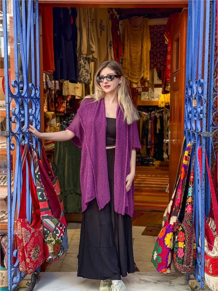 Mor Renk Kapüşonlu Merserize Hırka