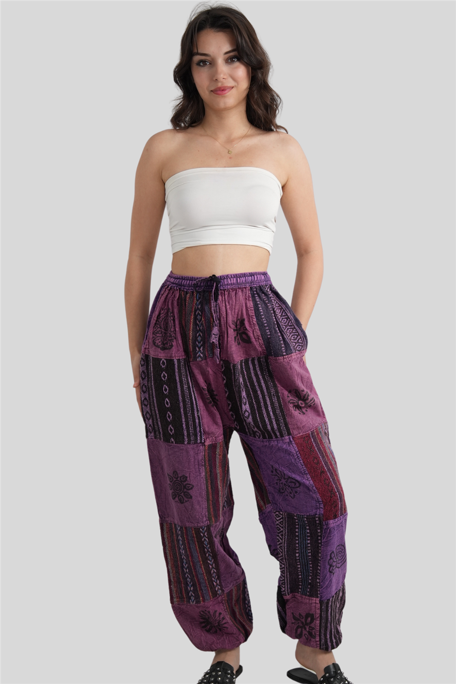 Mor Unisex Kilim İşlemeli Bohem Nepal Patchwork Pantolon