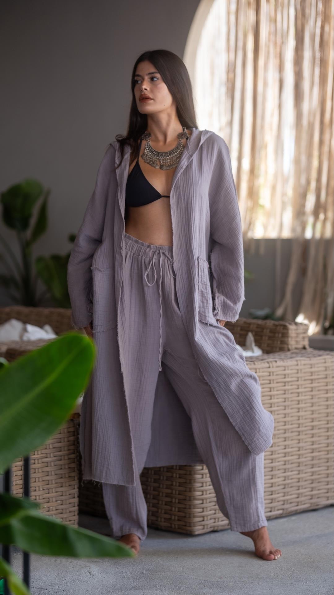 Müslin Gri Renk Pantolon Kimono Takım