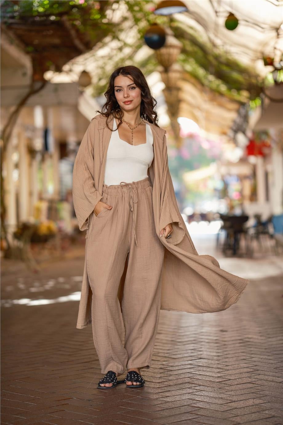 Müslin Toprak Renk Pantolon Kimono Takım