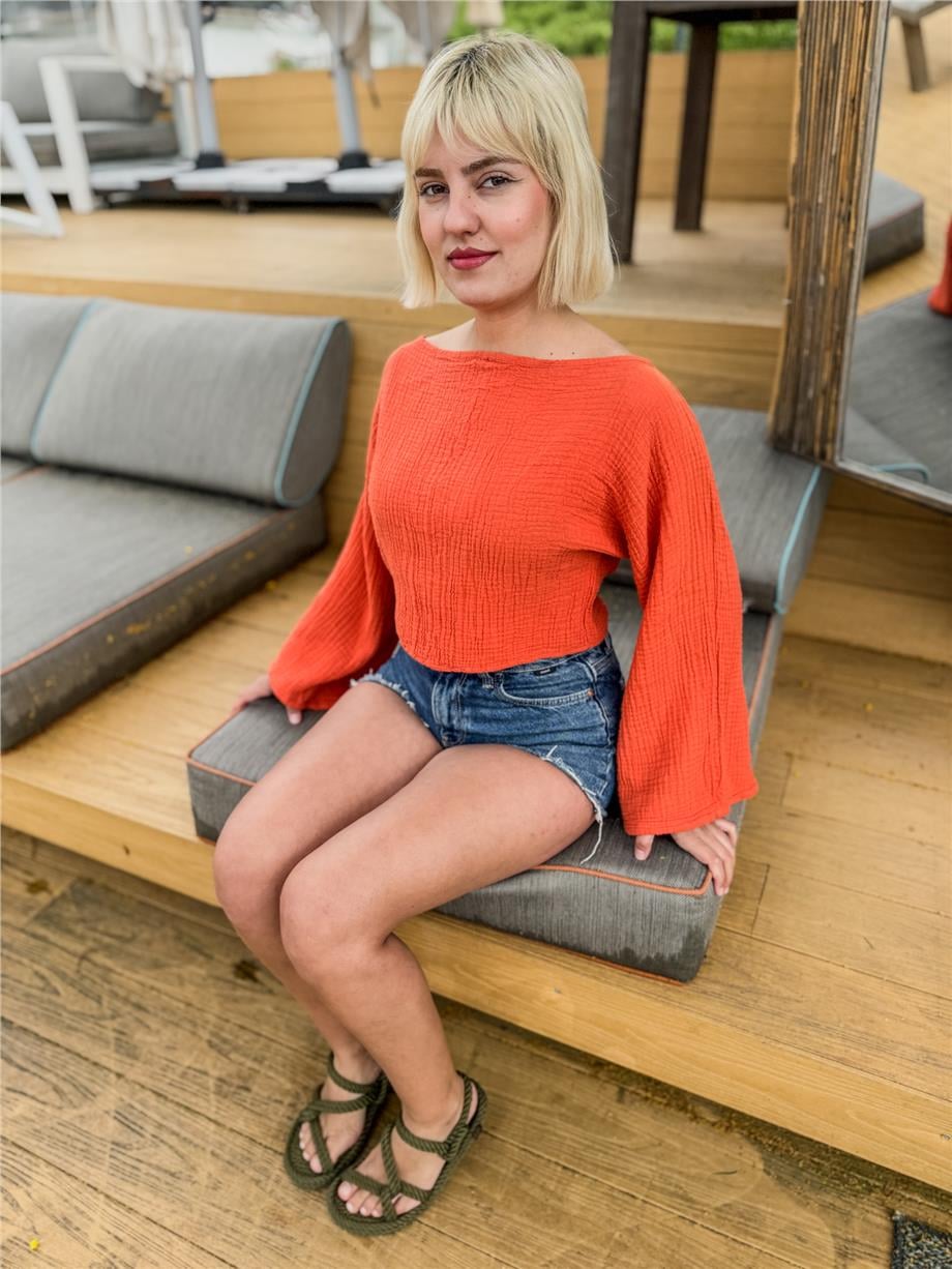 Müslin Turuncu Renk Cunda Bluz