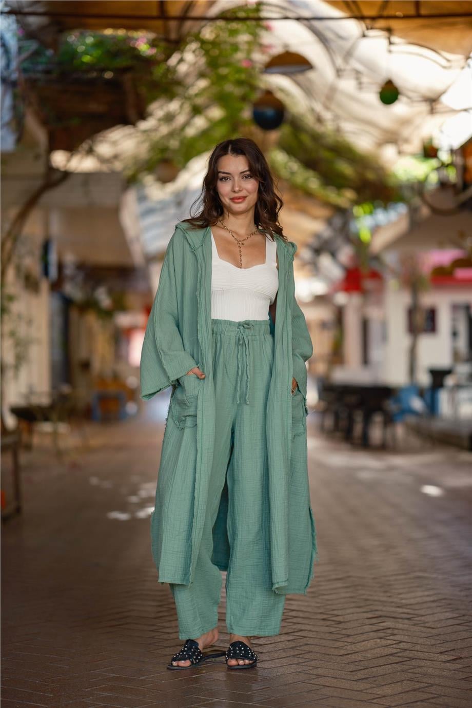 Müslin Yeşil Renk Pantolon Kimono Takım