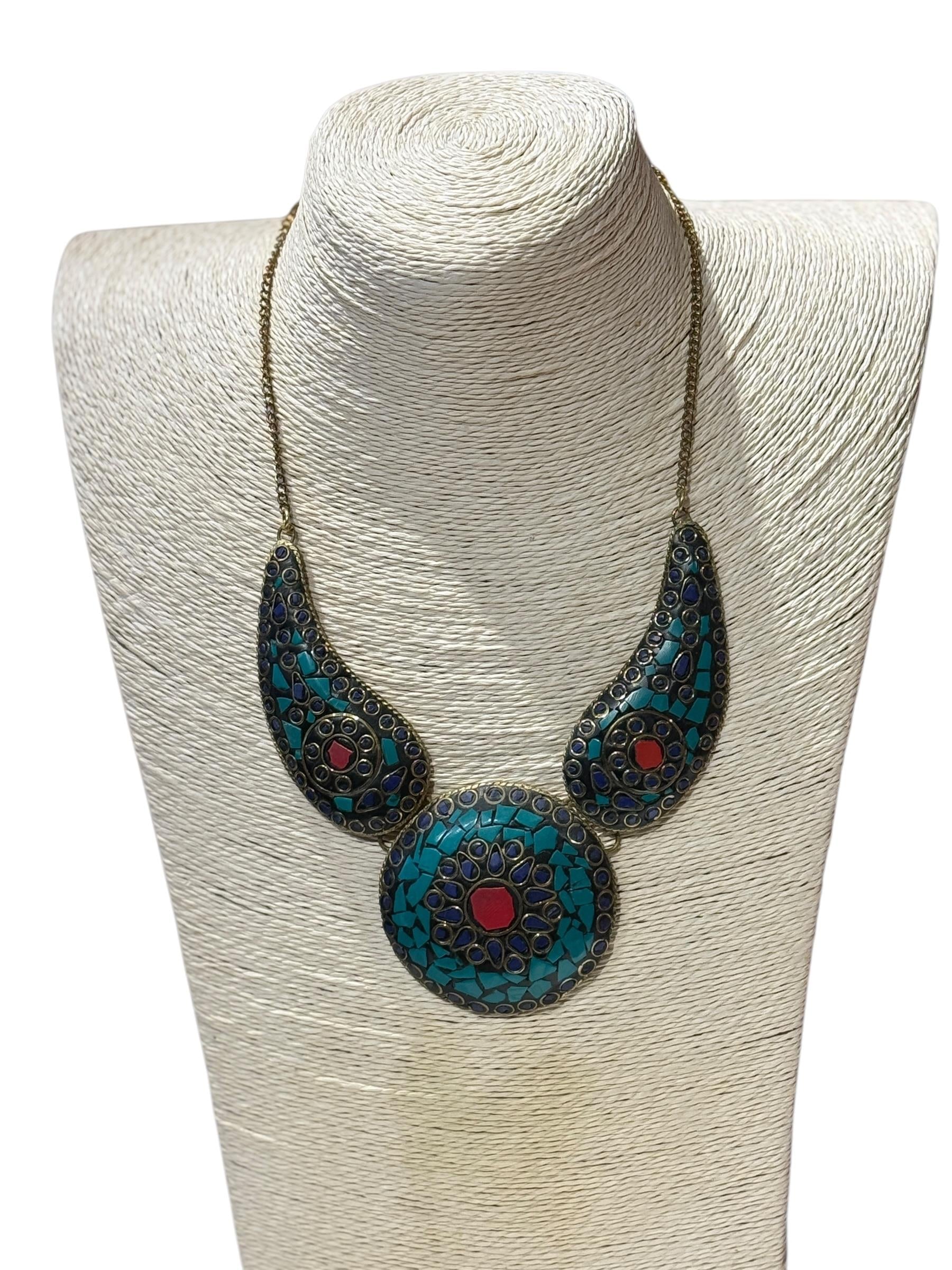 Nepalese Bohemian Necklace with Turquoise and Coral Stones