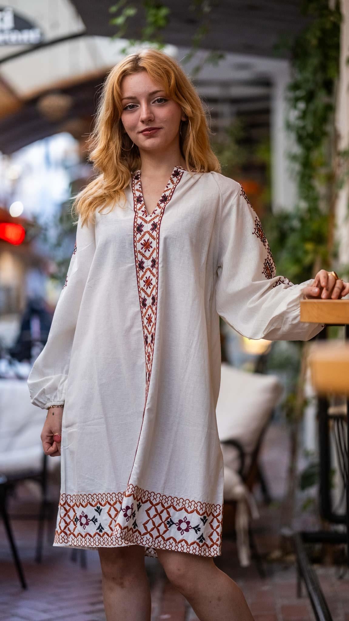 Authentic Embroidered Drop Neck Bohemian Dress with Elasticated Cuffs