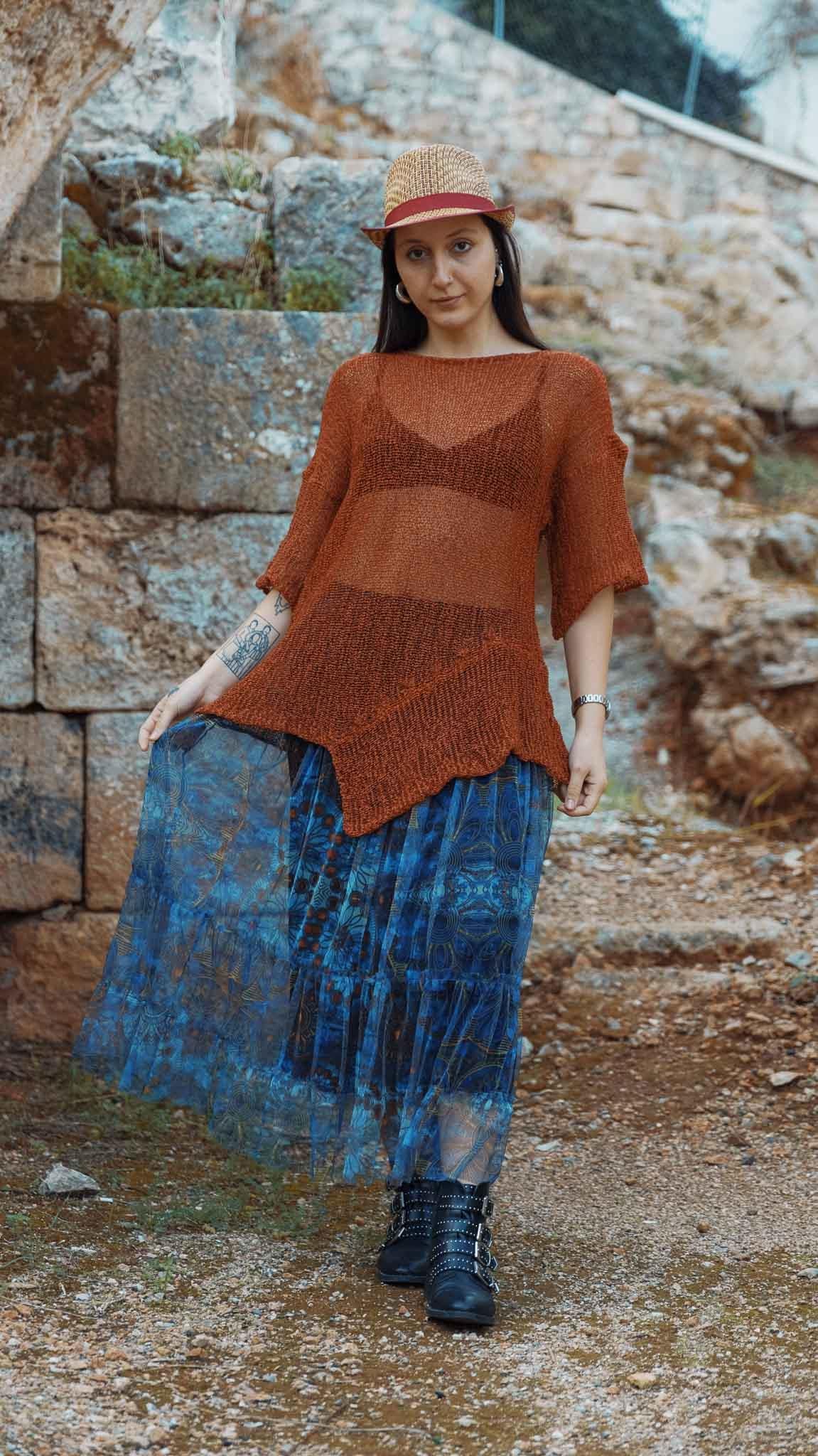 Asymmetrical Mercerized Blouse with Detailed Pattern