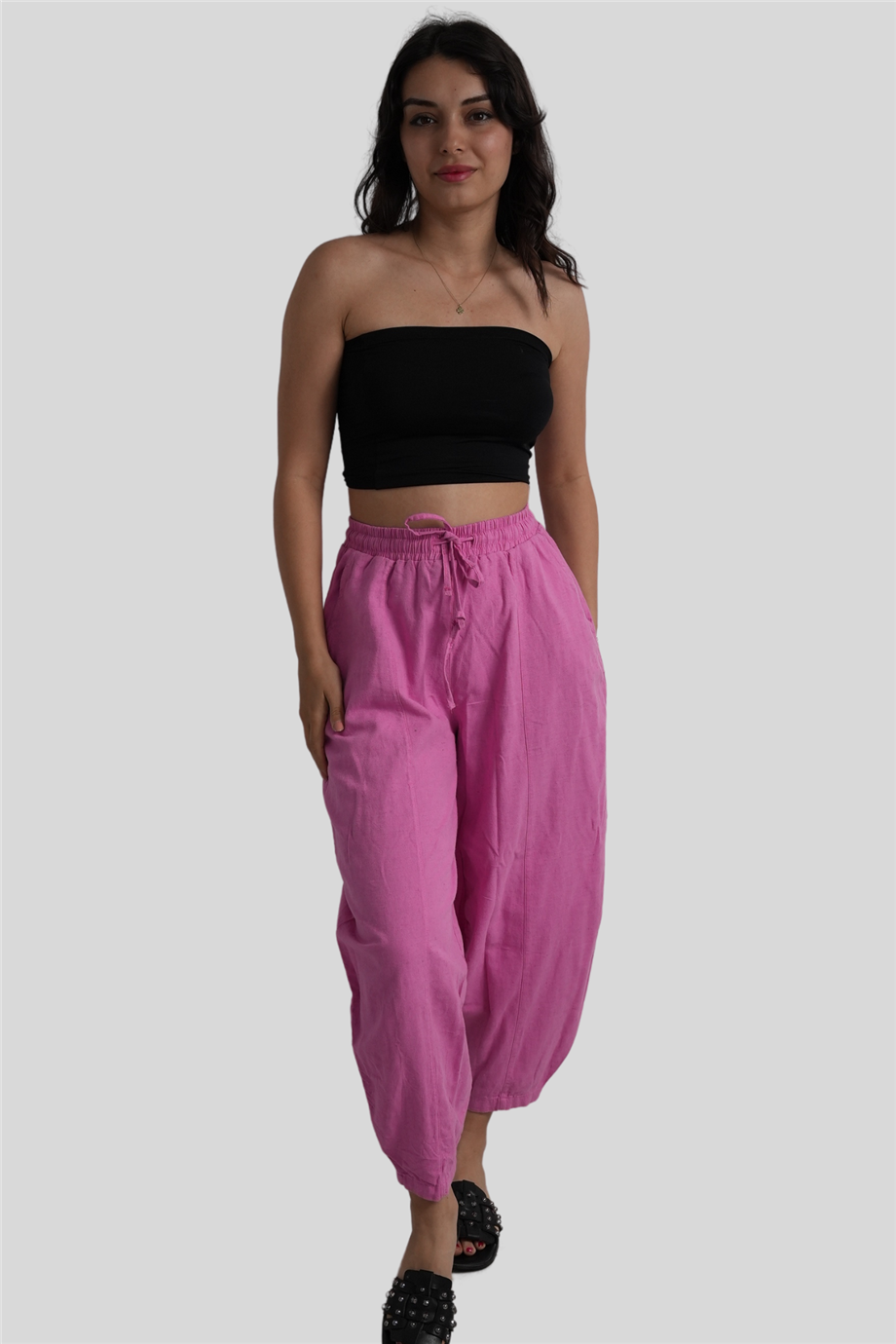 Pembe Beli Lastikli Salaş Pantolon