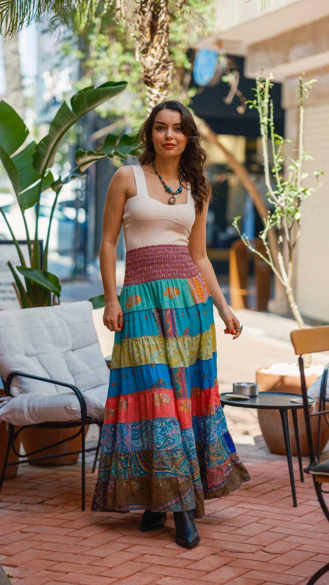 Pembe Bohem Patchwork İpek Etek