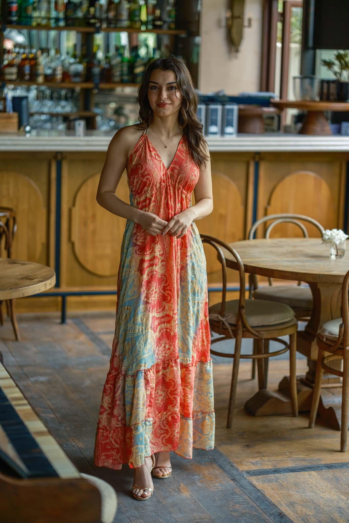 Pink Halter Neck Backless Silk Dress