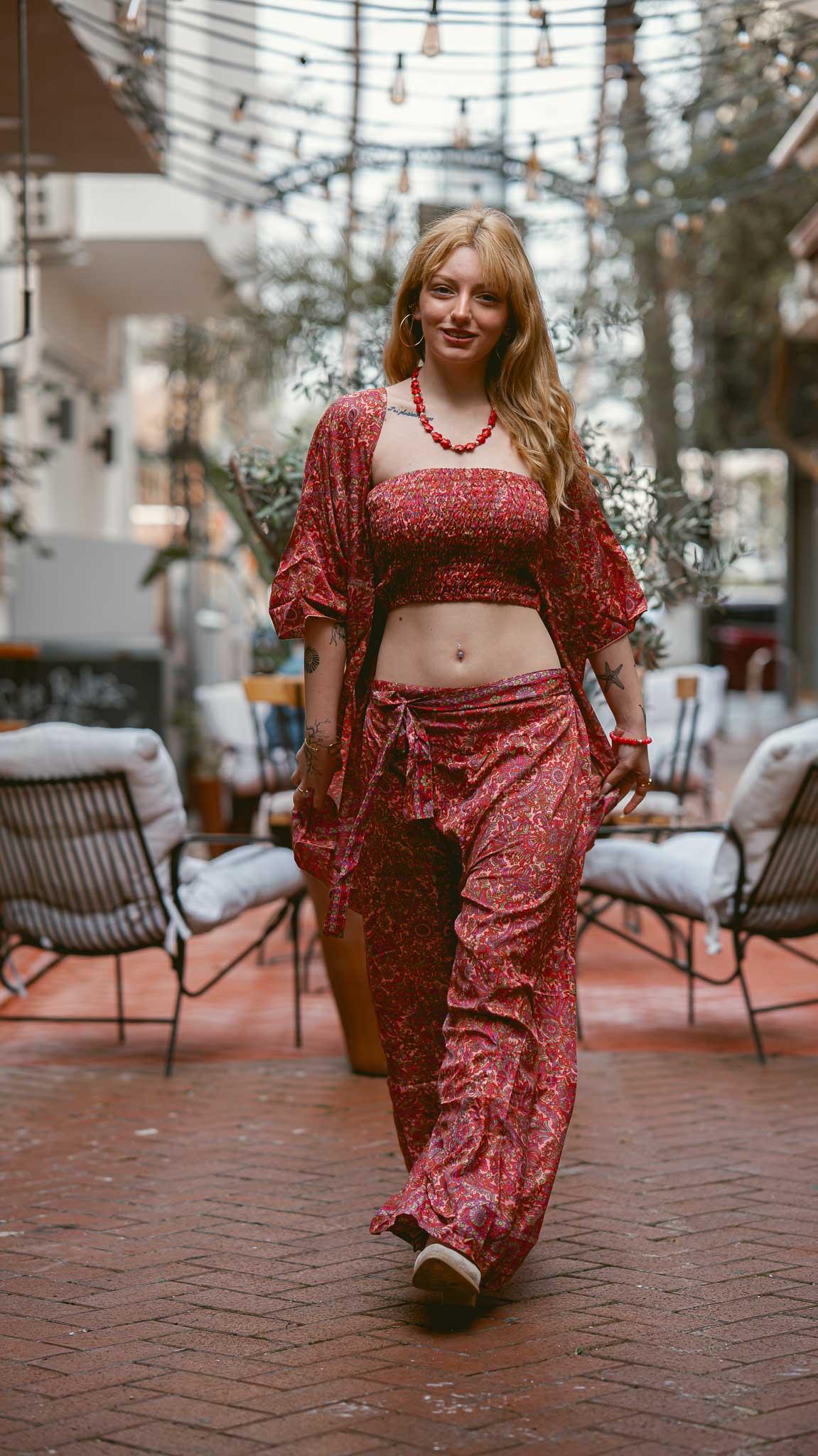 Pembe Pantolon Crop Kimono Takım
