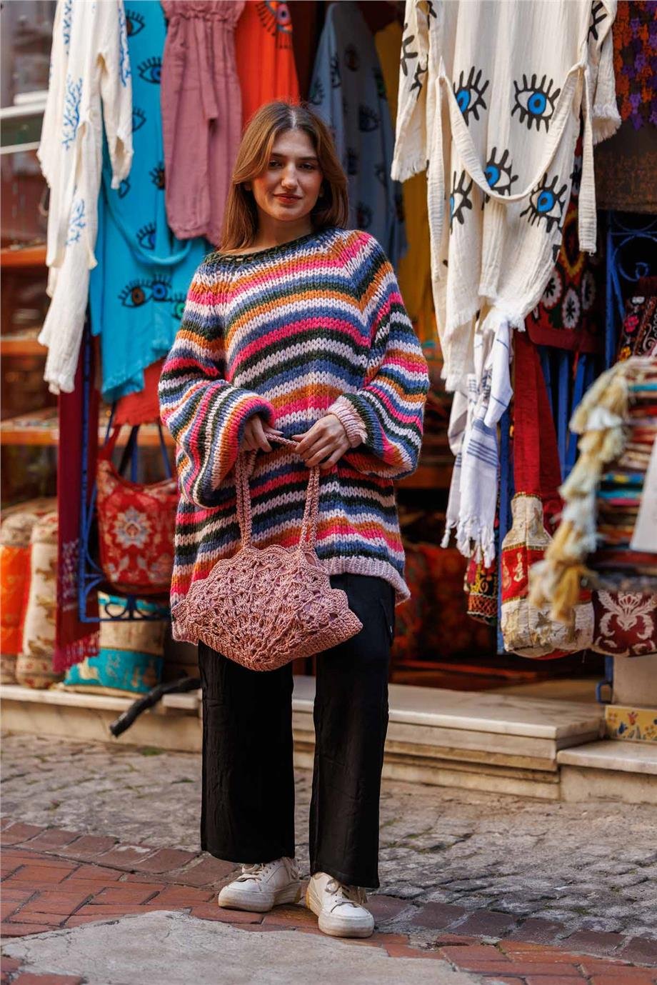 Pembe Renk Bisiklet Yaka Çizgi Detaylı Kazak
