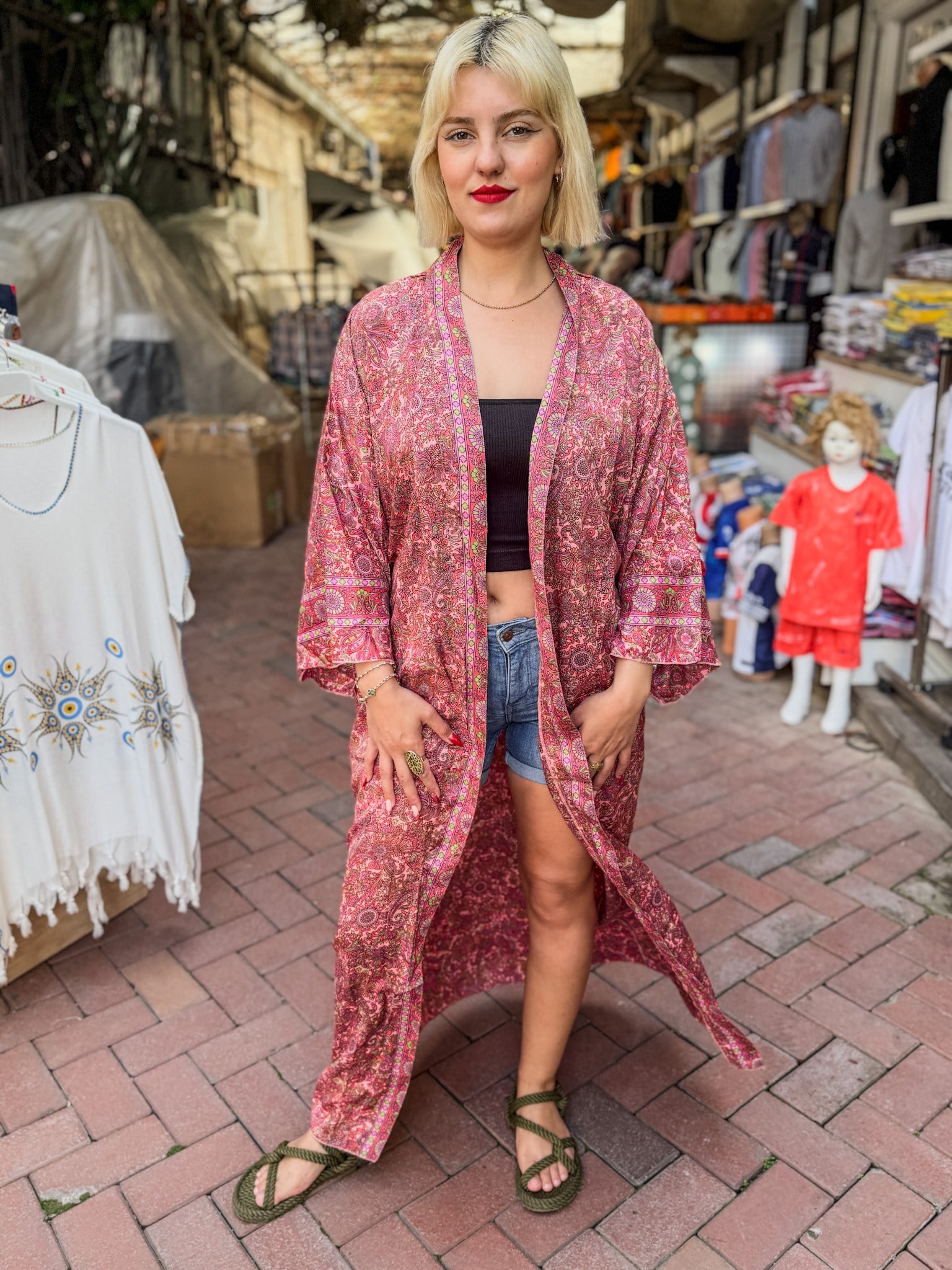 Pembe Renk Çiçek Desenli İpek Kaftan