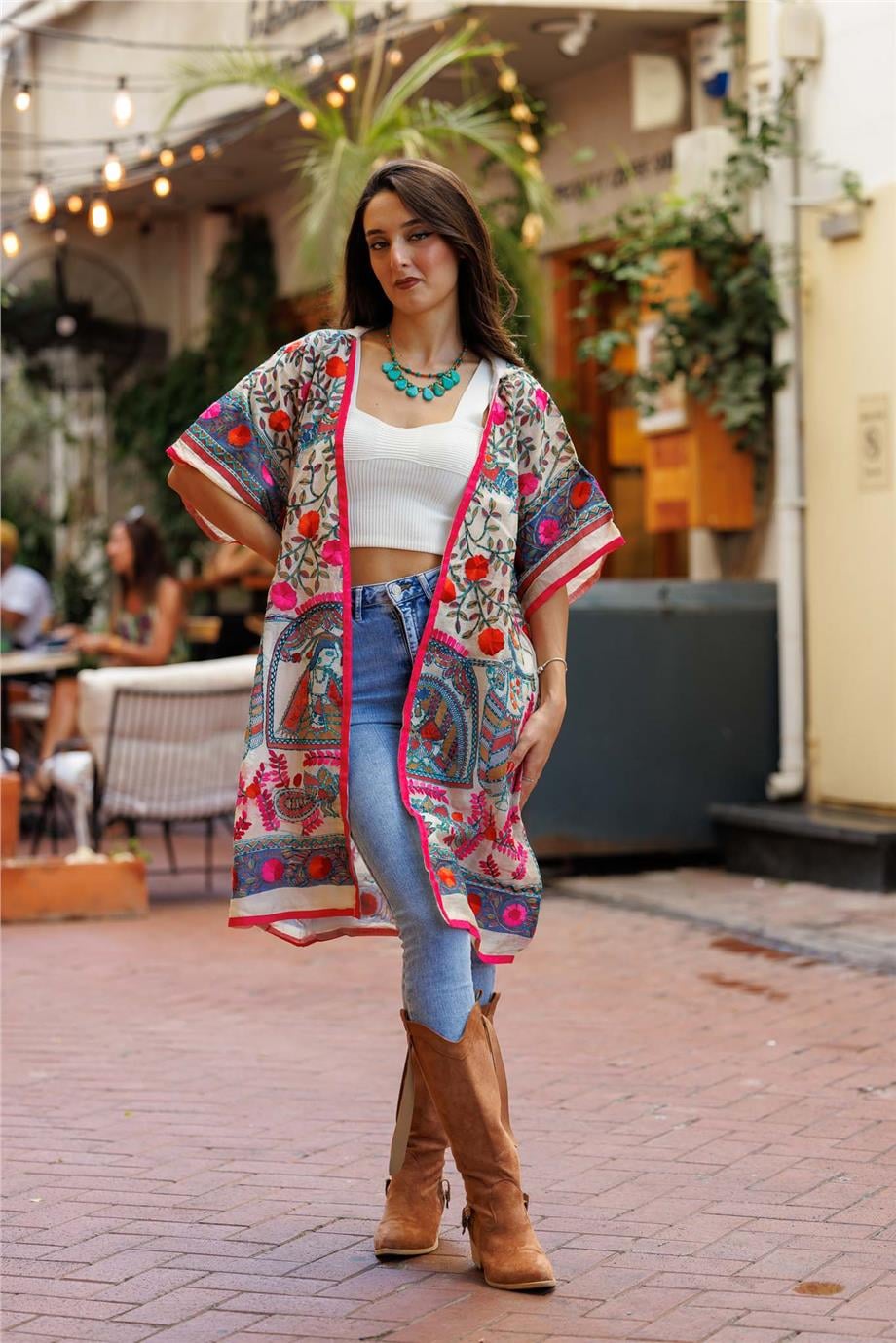 Pembe Renk El İşlemeli Etnik Desenli Bohem Kimono