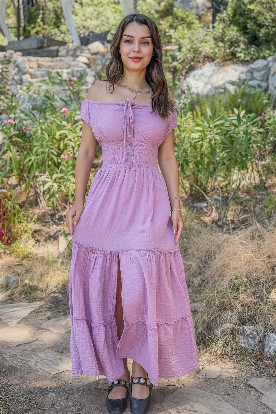 Pembe Renk Frida Müslin Elbise