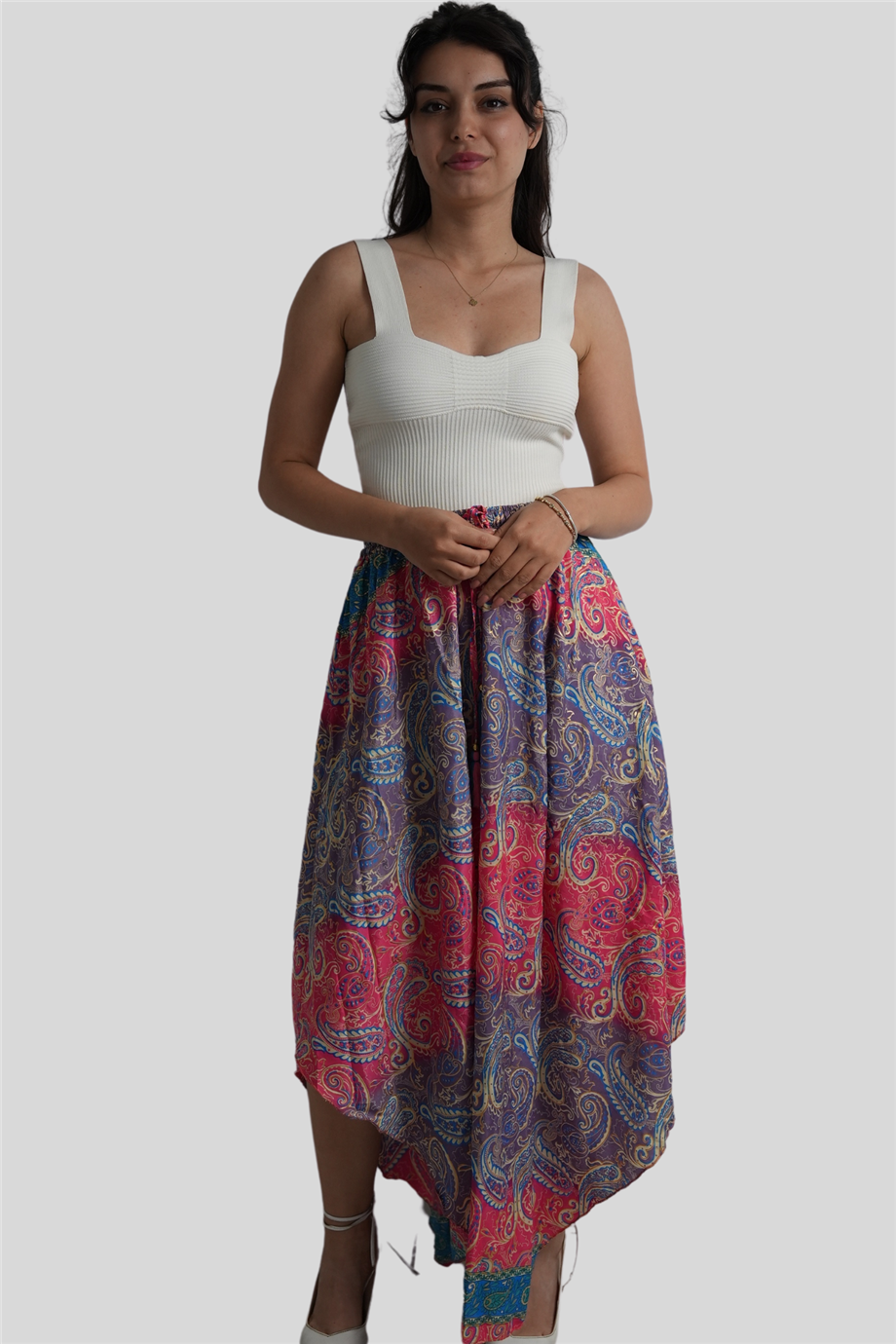 Pembe Renk Gold Detaylı İpek Uzun Etek