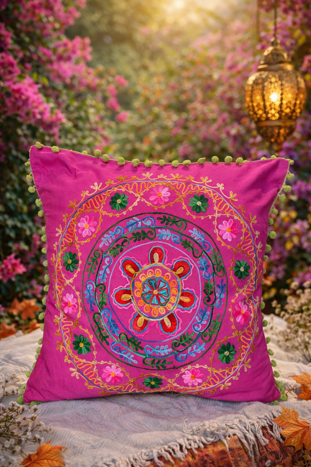 Pembe Renk Gypsy Soul Mandala Nakışlı Ponponlu Bohem Yastık Kılıfı 50cmX50cm