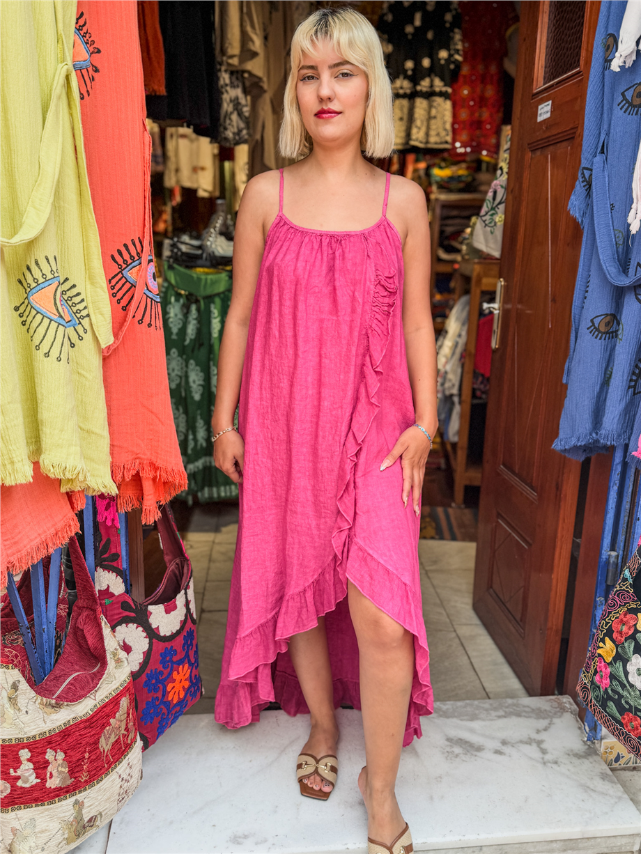 Pembe Renk İnce Askılı Fırfırlı İtalyan Keten Elbise