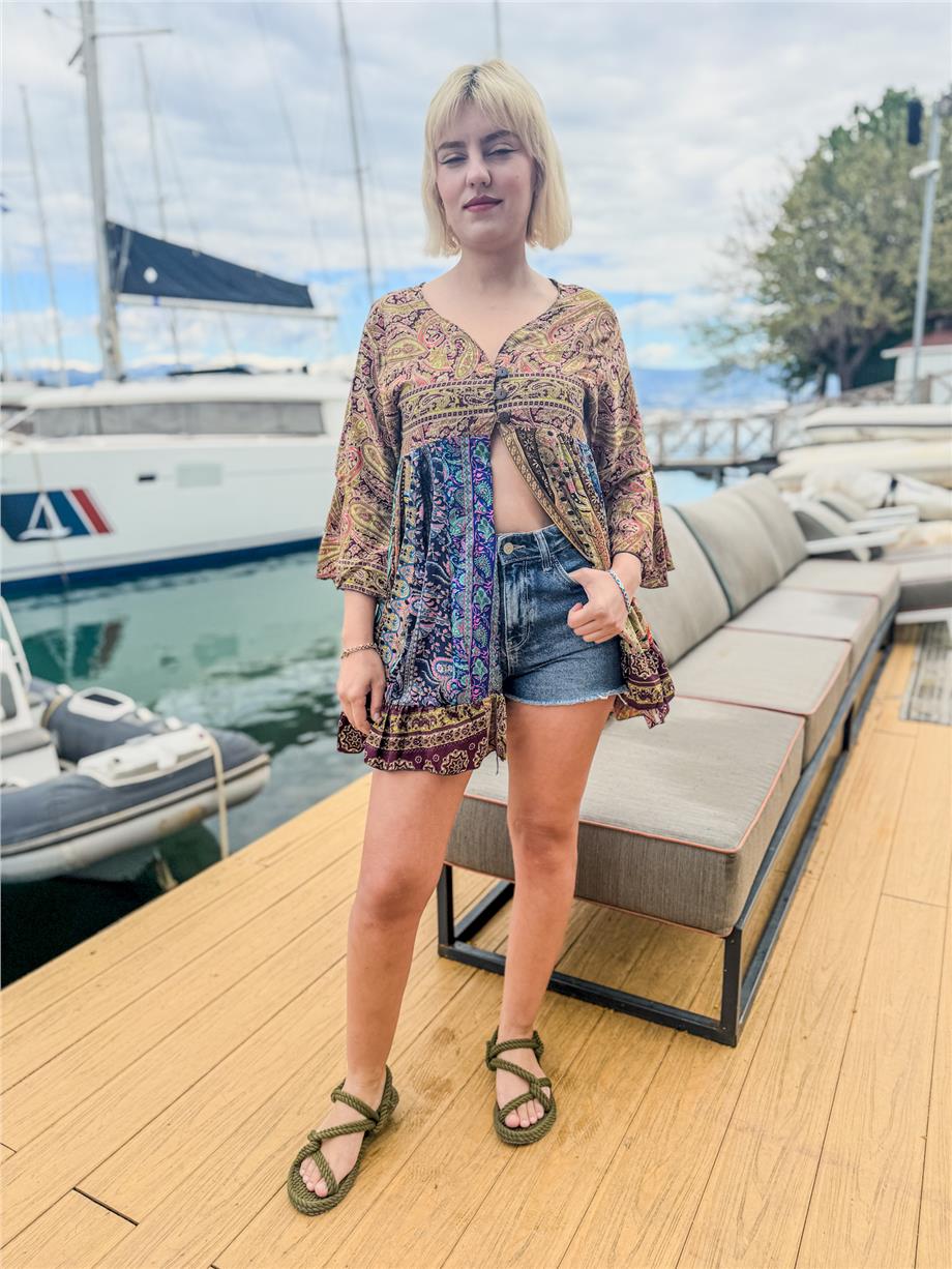 Pembe Renk İthal Özel Tasarım Üç Düğmeli Patchwork Rayon Bluz