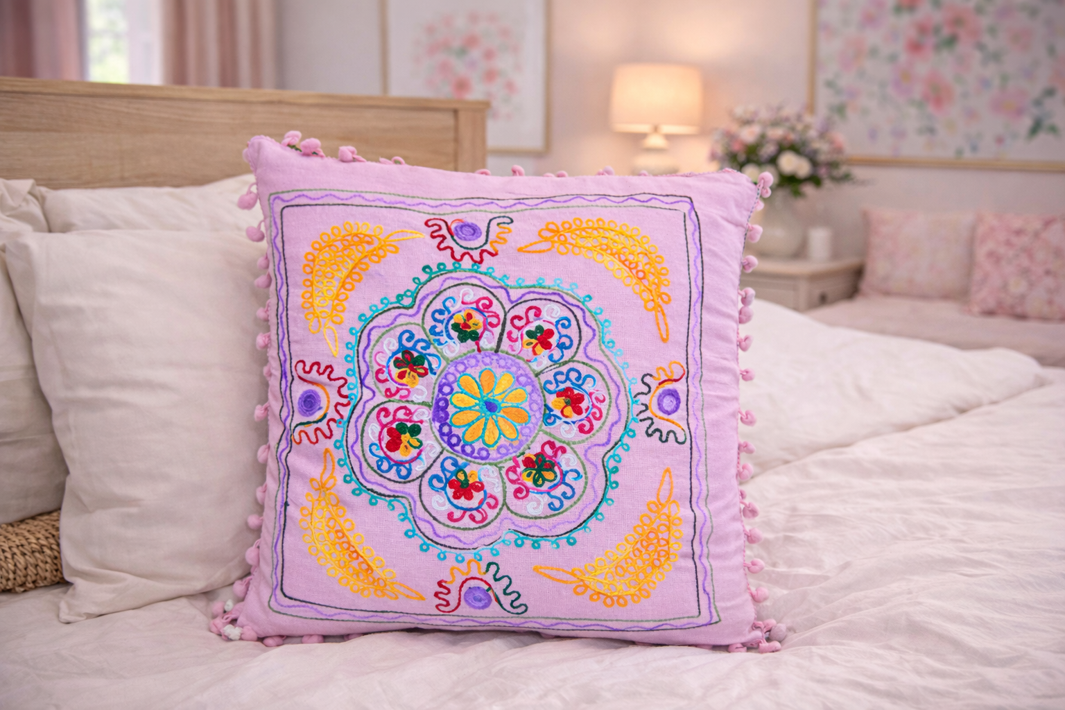 Pembe Renk Mandala Nakışlı Ponponlu Bohem Yastık Kılıfı 40cmX40cm