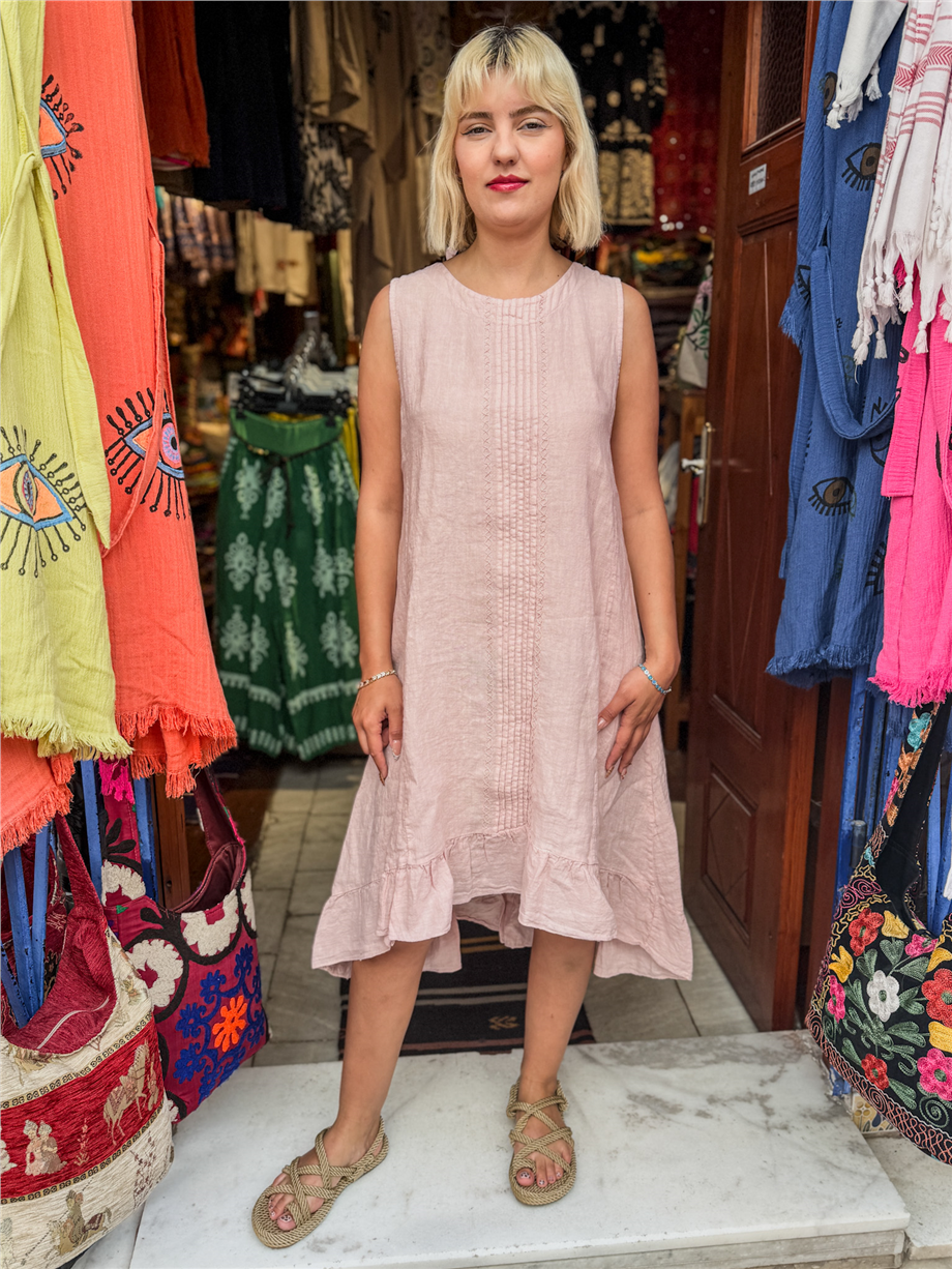 Pembe Renk Önü Kısa Arkası Bağlamalı Çizgili İtalyan Keten Elbise