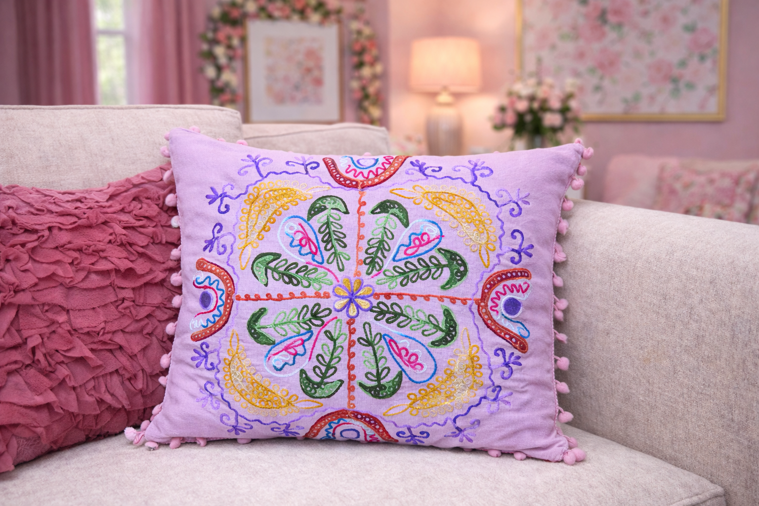 Pembe Renk Pudra Rüyası Nakışlı Ponponlu Bohem Yastık Kılıfı 40cmX40cm